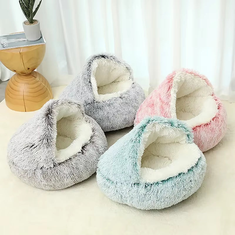 2-in-1 Round Cushion & Warm Pet House for Cats and Small Dogs